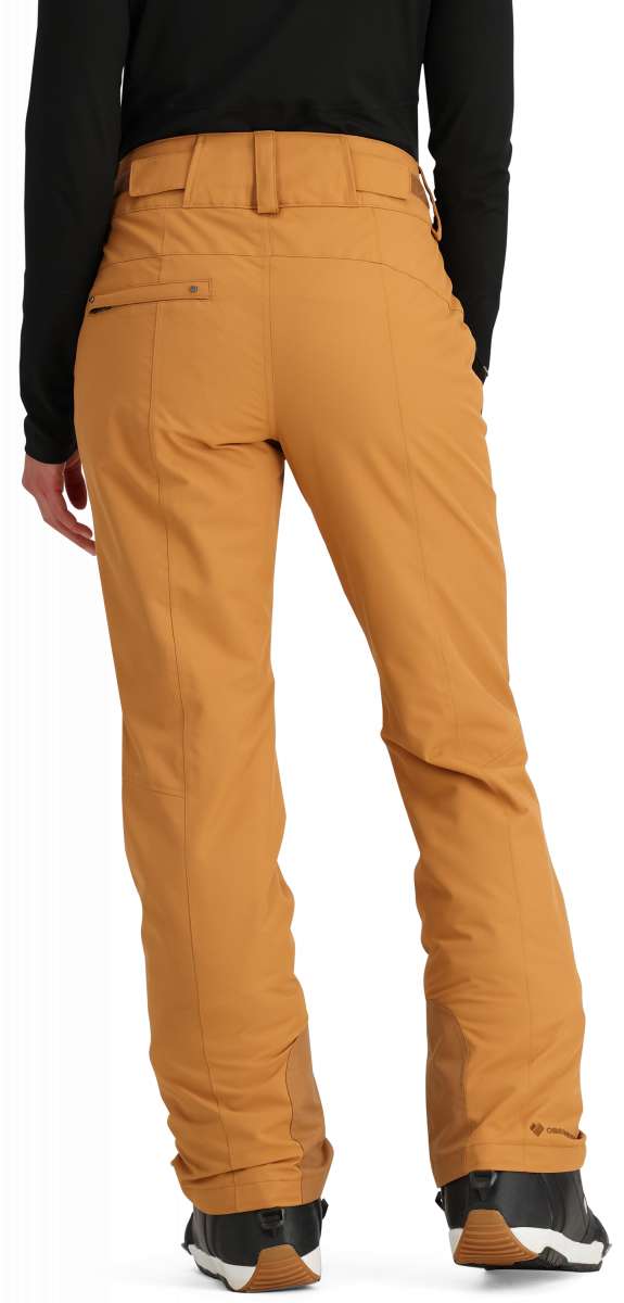 Obermeyer Women's Malta Insulated Pant 2024 - Tan snow pants with zippered pockets and belt loops.