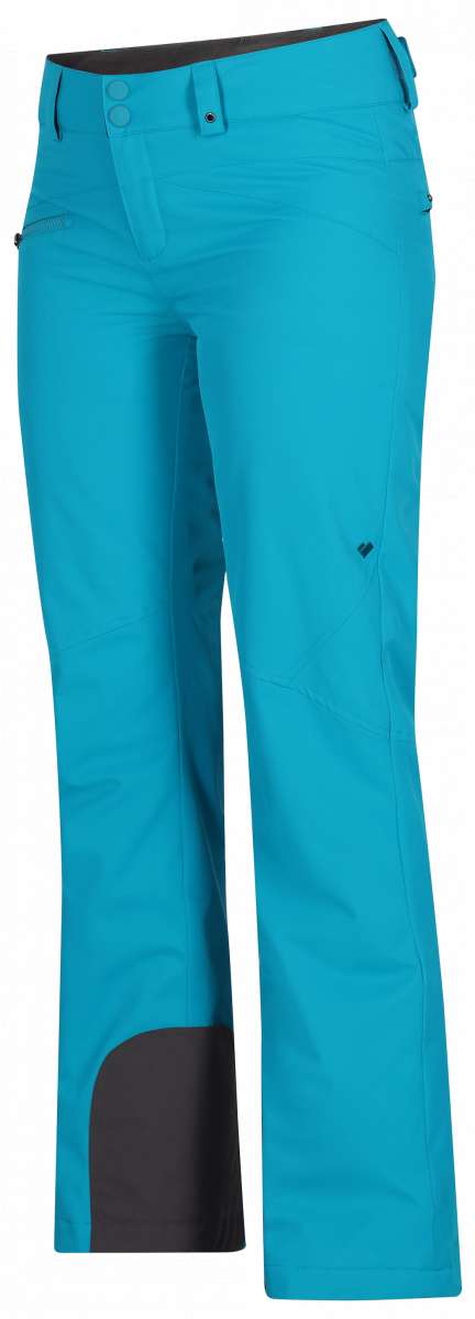 Obermeyer Women's Malta Insulated Pant Short 2024 - A pair of bright blue snow pants with a black waistband and two zippered pockets on either side.