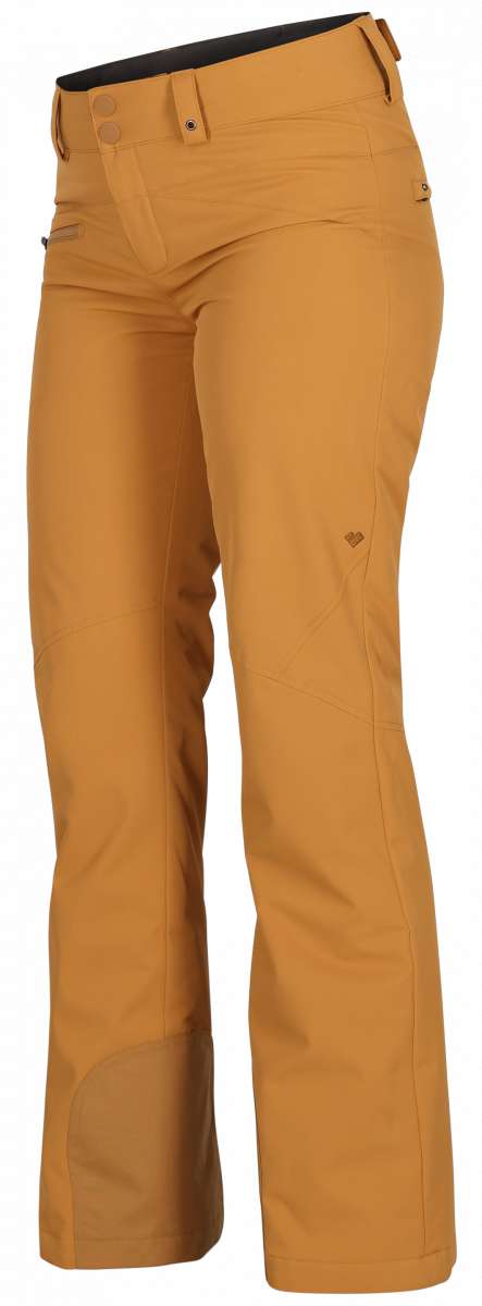 Obermeyer Women's Malta Insulated Pant Short 2024 - Tan ski pants with a black interior and two zippered pockets on the side.