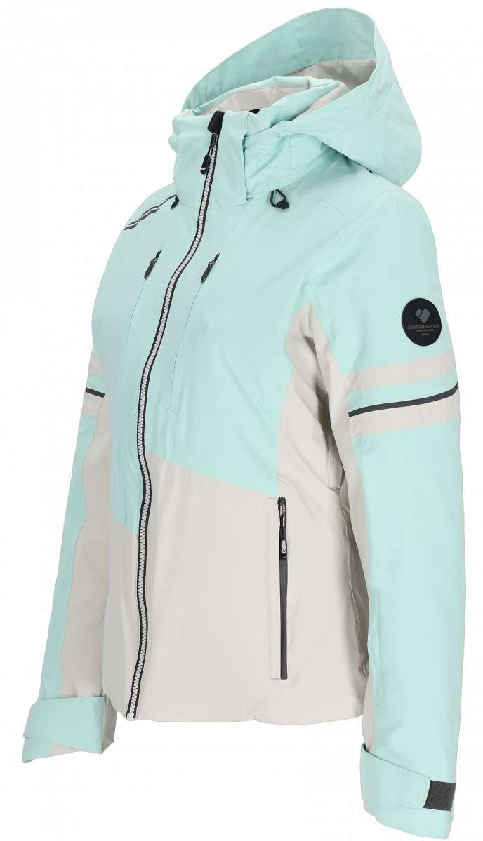 Obermeyer Women's Platinum Insulated Jacket 2024 - A mint green and white insulated jacket with a hood, featuring black zippers and a black logo patch on the left sleeve.