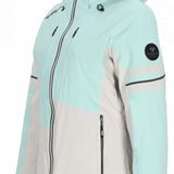 Obermeyer Women's Platinum Insulated Jacket 2024 - A mint green and white insulated jacket with a hood, featuring black zippers and a black logo patch on the left sleeve.