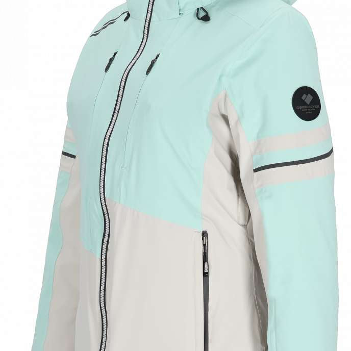 Obermeyer Women's Platinum Insulated Jacket 2024 - A mint green and white insulated jacket with a hood, featuring black zippers and a black logo patch on the left sleeve.