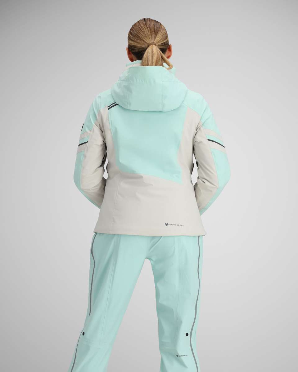Obermeyer Women's Platinum Insulated Jacket 2024 - A light blue and white jacket with a hood, featuring black stripes on the shoulders and sleeves.