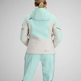 Obermeyer Women's Platinum Insulated Jacket 2024 - A light blue and white jacket with a hood, featuring black stripes on the shoulders and sleeves.