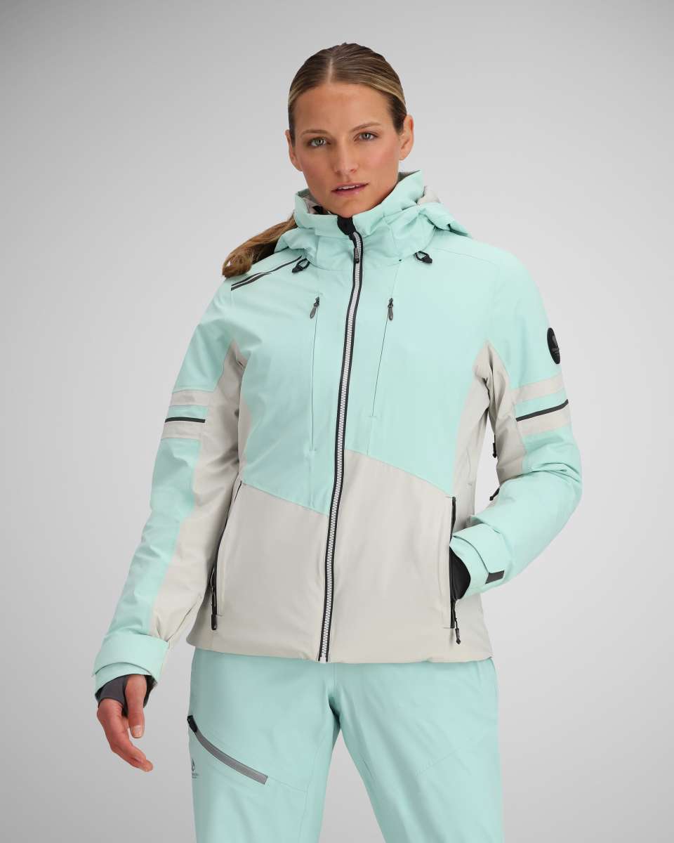 Obermeyer Women's Platinum Insulated Jacket 2024 - A light blue and white jacket with a hood, zipper closure, and two zippered pockets on the front.