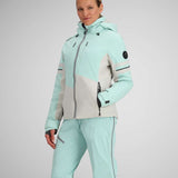 Obermeyer Women's Platinum Insulated Jacket 2024 - A light blue and white jacket with a hood, zipper closure, and black accents.