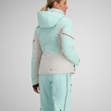 Obermeyer Women's Platinum Insulated Jacket 2024 - A light blue and white jacket with a hood, featuring black zippers on the chest and sleeves.