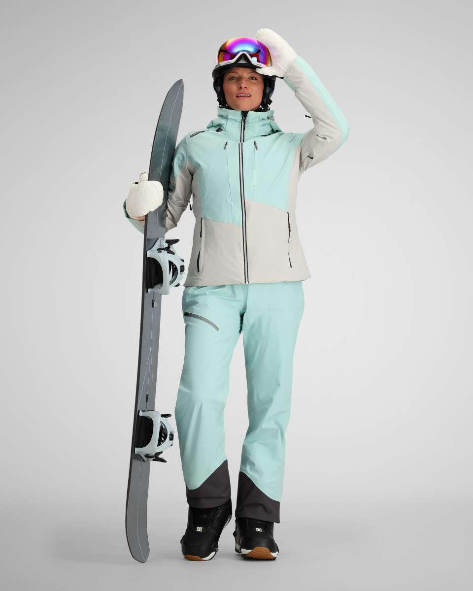Obermeyer Women's Platinum Insulated Jacket 2024 - A light blue and grey jacket with a high collar, zippered pockets, and a hood.