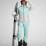 Obermeyer Women's Platinum Insulated Jacket 2024 - A light blue and grey jacket with a high collar, zippered pockets, and a hood.