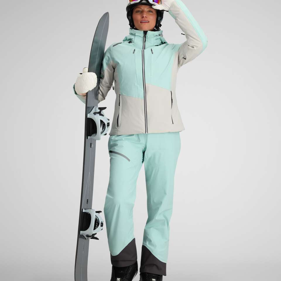 Obermeyer Women's Platinum Insulated Jacket 2024 - A light blue and grey jacket with a high collar, zippered pockets, and a hood.