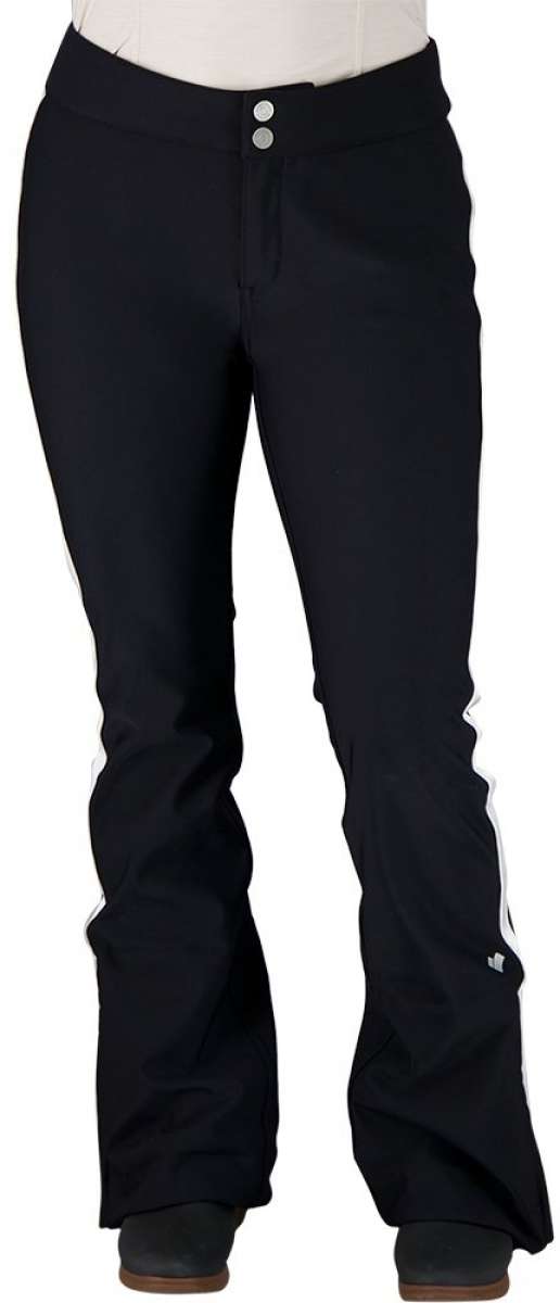 Obermeyer Women's The Bond SoftShell Pant 2024 - Black softshell pant with two silver buttons on waistband.