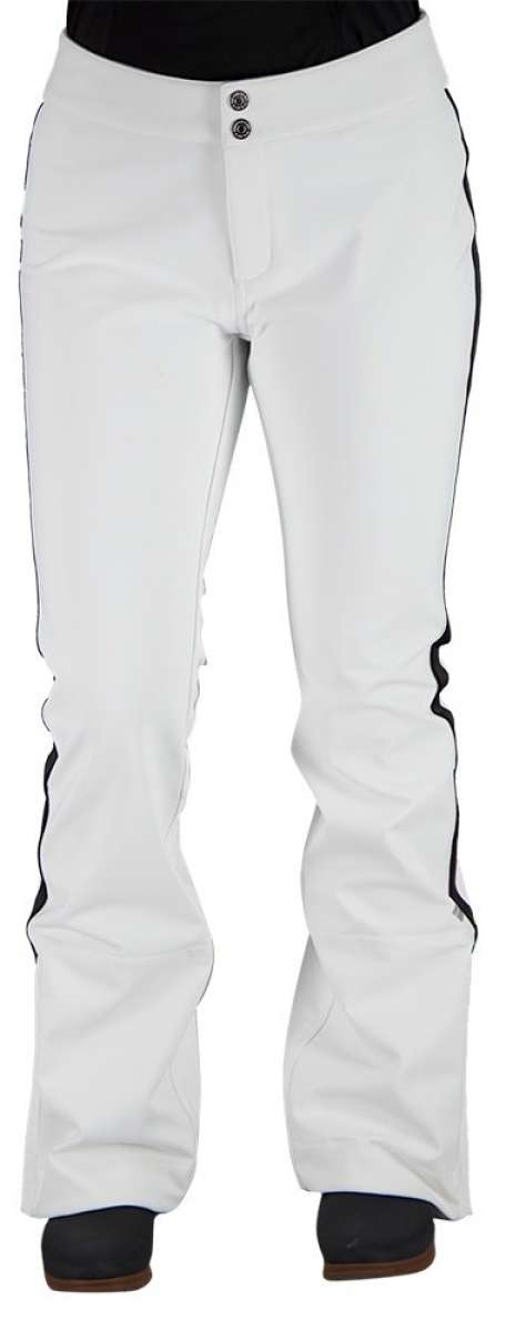 Obermeyer Women's The Bond SoftShell Pant 2024 - White snow pants with black stripe down side seam and two buttons on waistband.