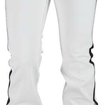 Obermeyer Women's The Bond SoftShell Pant 2024 - White snow pants with black stripe down side seam and two buttons on waistband.