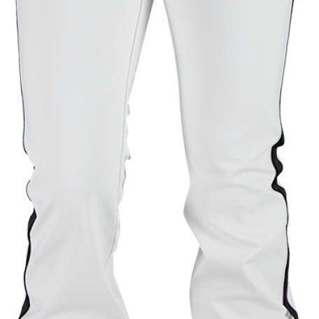Obermeyer Women's The Bond SoftShell Pant 2024 - White snow pants with black stripe down side seam and two buttons on waistband.