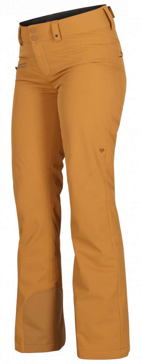Obermeyer Women's Malta Insulated Pant Tall 2024 - Tan insulated pants with a black waistband and belt loops.