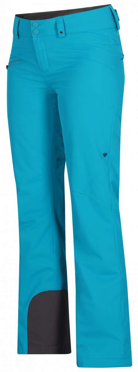 Obermeyer Women's Malta Insulated Pant Tall 2024 - A pair of bright blue snow pants with a black waistband and two zippered pockets on either side.