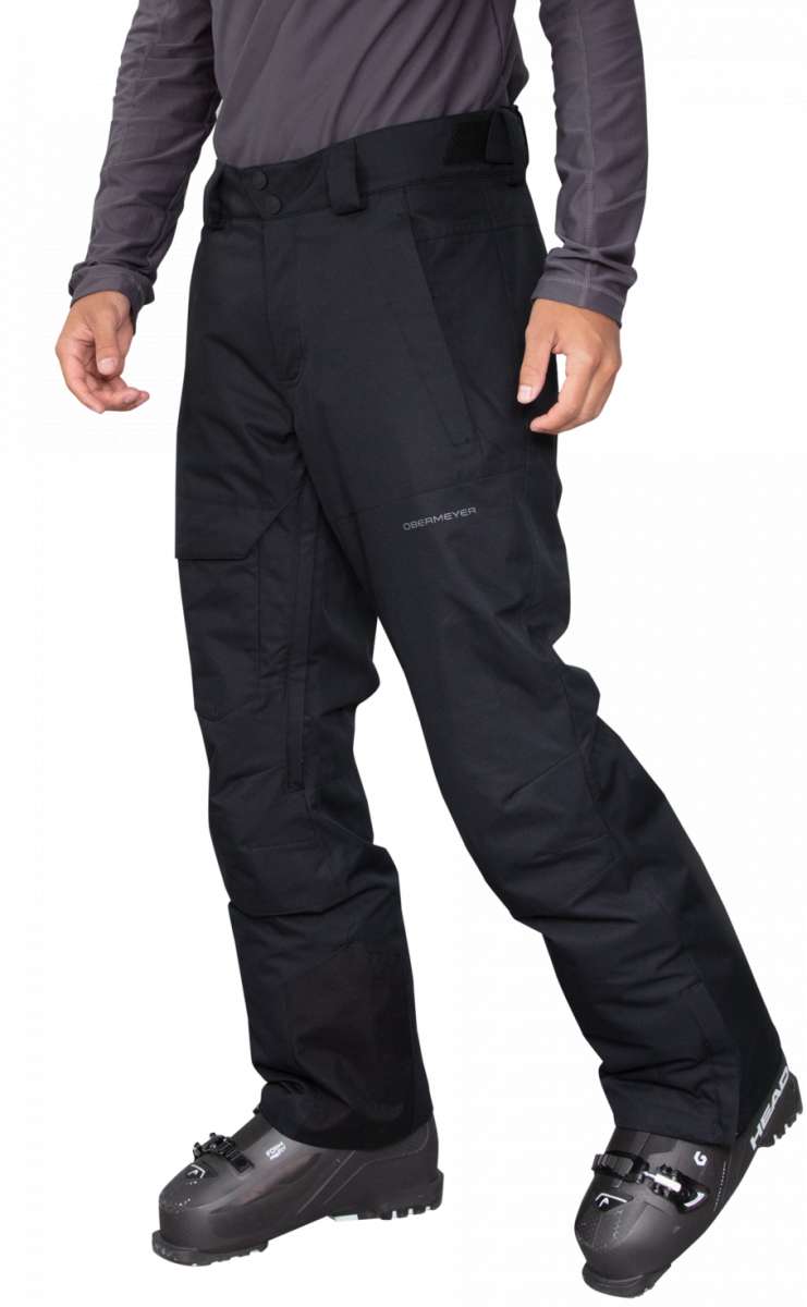 Obermeyer Orion Insulated Pant 2022-2023 - Black insulated ski pants with a zippered pocket on the thigh and adjustable Velcro straps at the waist.