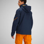 Obermeyer Raze Insulated Jacket 2024 - A navy blue jacket with yellow accents on the hood and chest, featuring a black zipper and two zippered pockets.