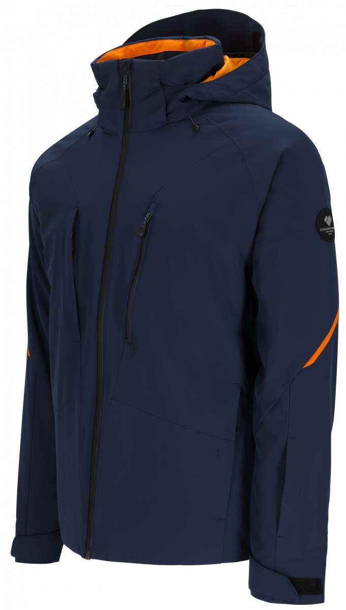 Obermeyer Raze Insulated Jacket 2024 - A navy blue jacket with a black zipper and two zippered pockets on either side.