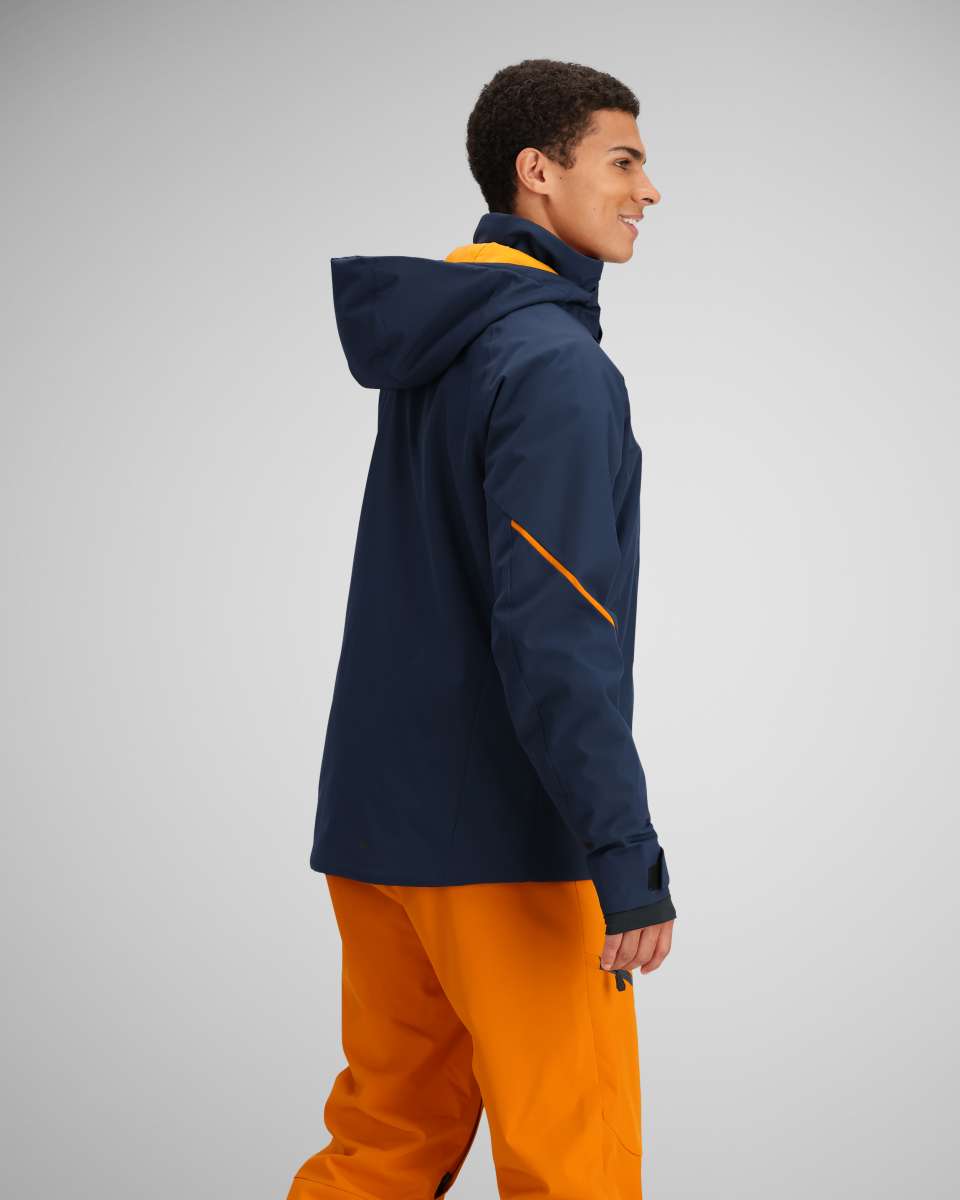 Obermeyer Raze Insulated Tall Jacket 2024 - A navy blue jacket with a yellow zipper and black accents on the hood.