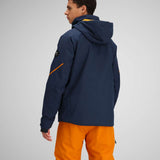 Obermeyer Raze Insulated Tall Jacket 2024 - A navy blue jacket with a yellow zipper and black logo on the left sleeve.