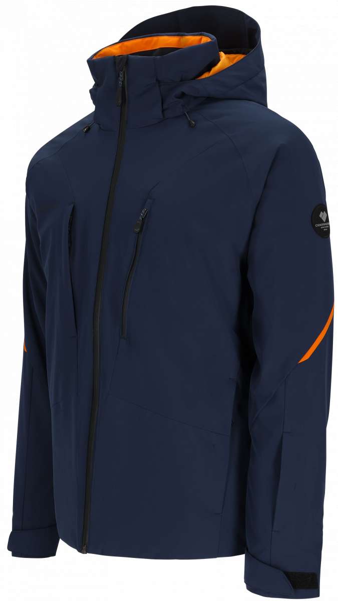 Obermeyer Raze Insulated Tall Jacket 2024 - A navy blue jacket with a black zipper and two zippered pockets on the front.