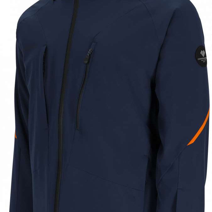 Obermeyer Raze Insulated Tall Jacket 2024 - A navy blue jacket with a black zipper and two zippered pockets on the front.