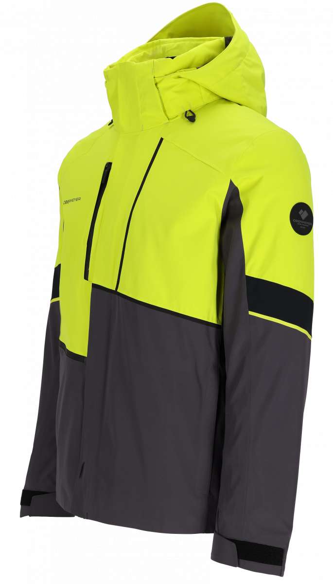 Obermeyer Tungsten Insulated Jacket 2024 - A bright yellow and gray jacket with a hood, featuring two zippered pockets on the front.