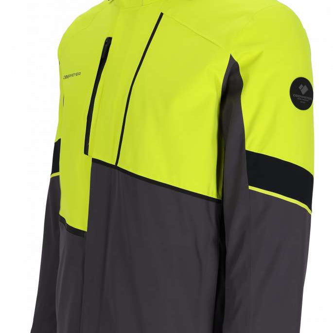 Obermeyer Tungsten Insulated Jacket 2024 - A bright yellow and gray jacket with a hood, featuring two zippered pockets on the front.
