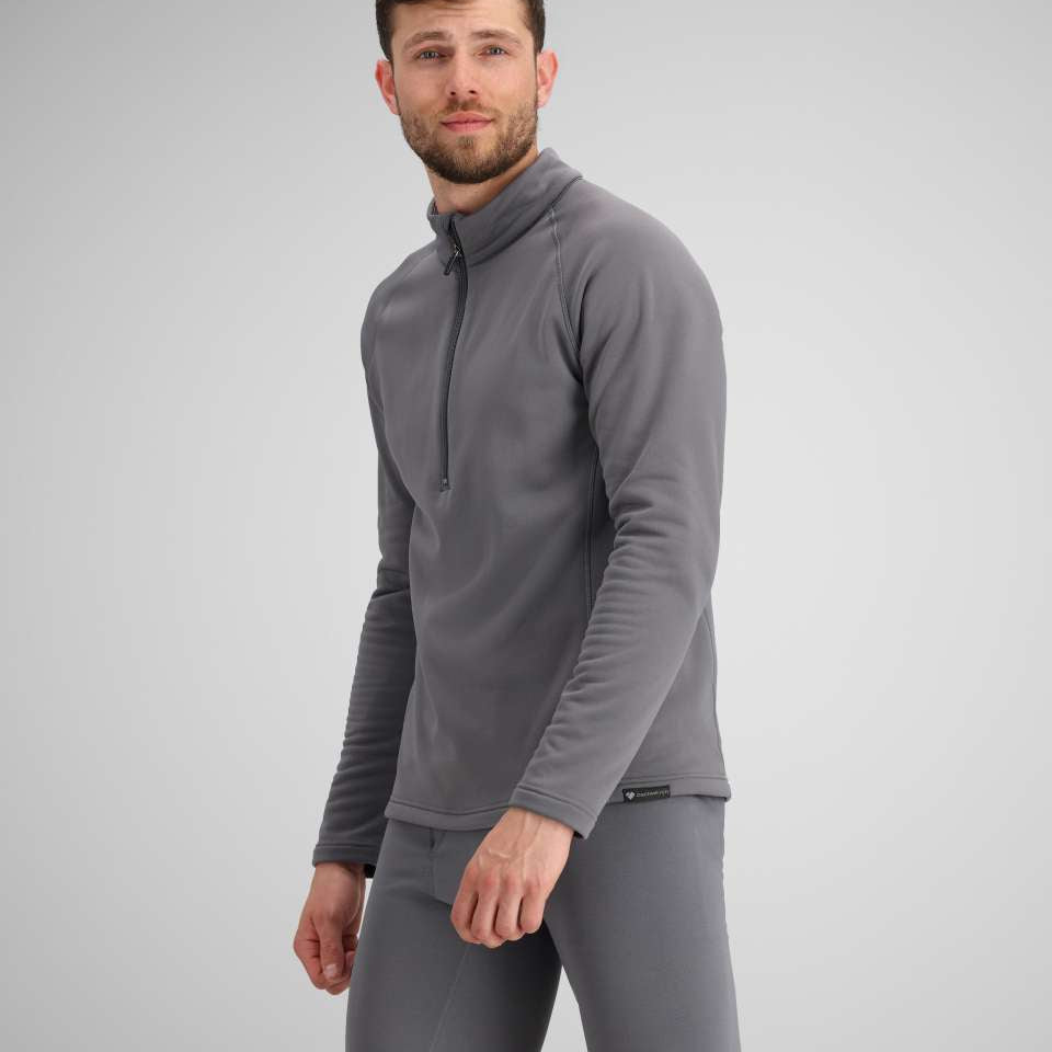 Obermeyer UltraGear 1/4 Zip Top 2024 - A heathered grey quarter-zip top with a black zipper and two zippered pockets on the side.