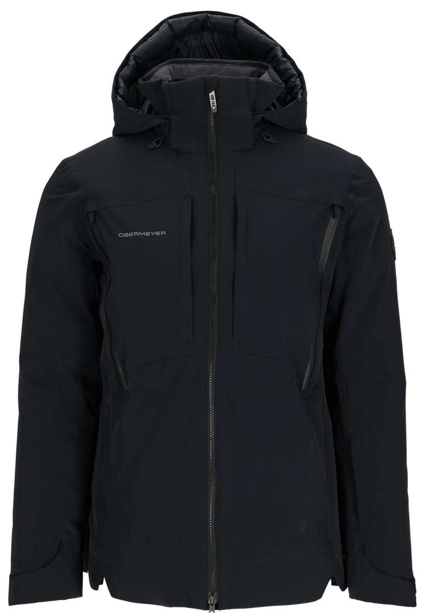 Obermeyer Xenon Insulated Jacket 2024 - A black insulated jacket with a zippered front and two chest pockets, featuring an Obermeyer logo on the left breast pocket.