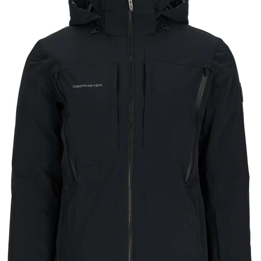 Obermeyer Xenon Insulated Jacket 2024 - A black insulated jacket with a zippered front and two chest pockets, featuring an Obermeyer logo on the left breast pocket.