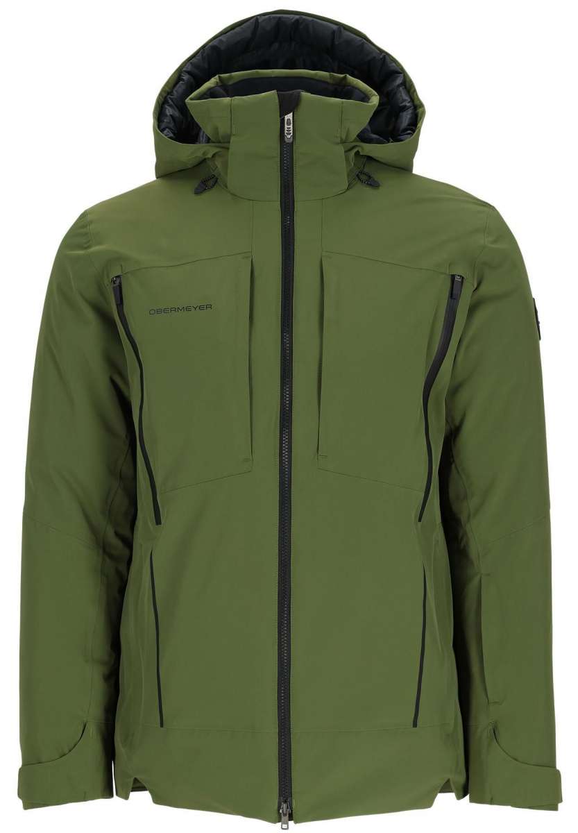 Obermeyer Xenon Insulated Jacket 2024 - A green insulated jacket with a hood, featuring two zippered chest pockets and one zippered pocket on the left arm.