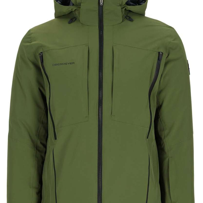 Obermeyer Xenon Insulated Jacket 2024 - A green insulated jacket with a hood, featuring two zippered chest pockets and one zippered pocket on the left arm.