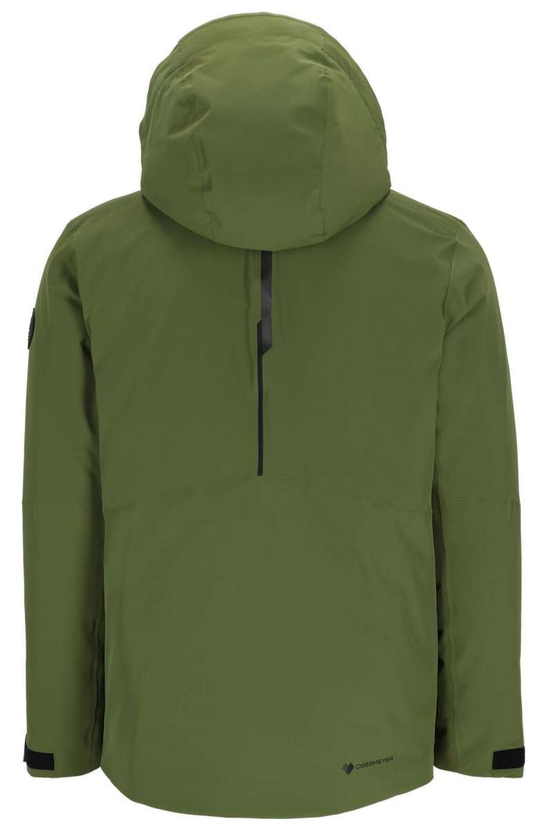 Obermeyer Xenon Insulated Jacket 2024 - A dark green jacket with a hood, featuring black zippers and a black logo on the left sleeve.