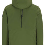 Obermeyer Xenon Insulated Jacket 2024 - A dark green jacket with a hood, featuring black zippers and a black logo on the left sleeve.