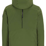 Obermeyer Xenon Insulated Jacket 2024 - A dark green jacket with a hood, featuring black zippers and a black logo on the left sleeve.