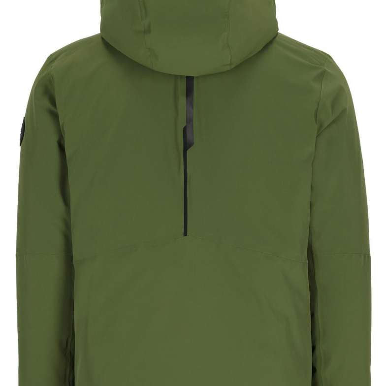 Obermeyer Xenon Insulated Jacket 2024 - A dark green jacket with a hood, featuring black zippers and a black logo on the left sleeve.