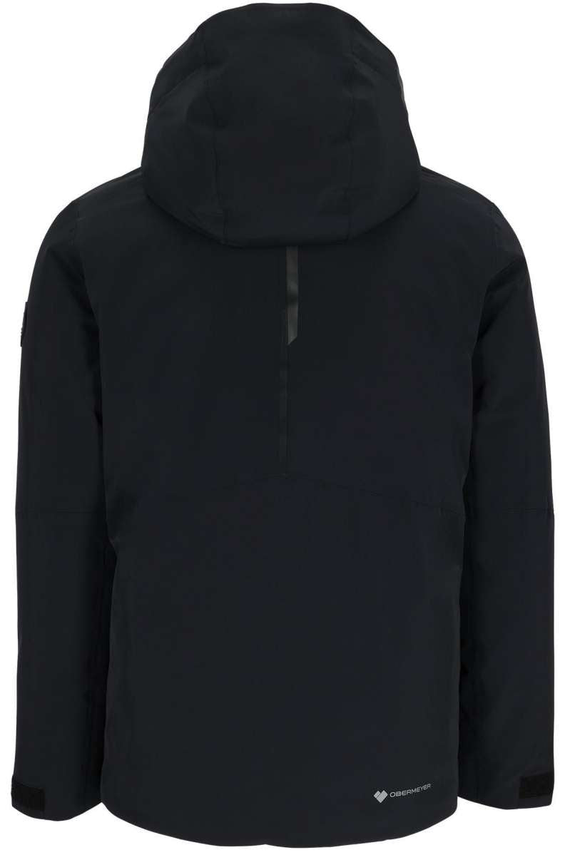 Obermeyer Xenon Insulated Jacket 2024 - A black insulated jacket with a hood, featuring a zipper down the front and two zippered pockets on either side.