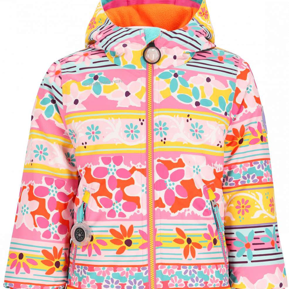 Obermeyer Youth Ashor Insulated Jacket 2024 - A pastel pink jacket with a floral pattern and yellow zipper, featuring a hood and two zippered pockets on the front.