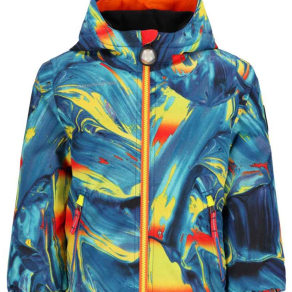 Obermeyer Youth Ashor Insulated Jacket 2024 - A blue and yellow jacket with a hood, featuring a zipper down the front.