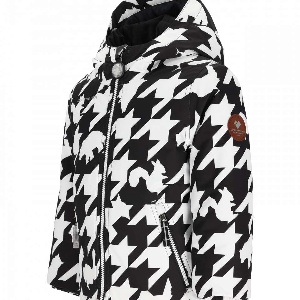 Obermeyer Youth Ashor Insulated Jacket 2024 - A black and white houndstooth patterned jacket with a hood, featuring silver zippers on the front and pockets.
