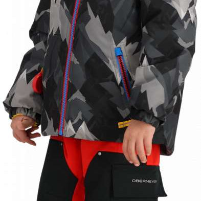 Obermeyer Youth Ashor Insulated Jacket - A black and grey camouflage patterned jacket with a hood, zipper closure, and two zippered pockets on the front.