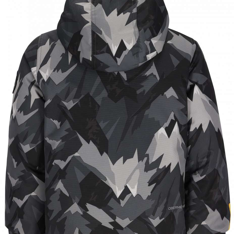 Obermeyer Youth Ashor Insulated Jacket 2024 - A black, grey and white geometric patterned jacket with a hood.