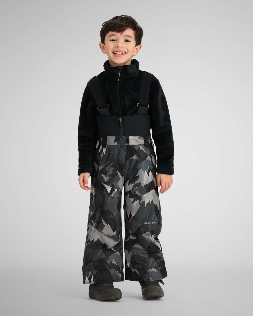 Obermeyer Youth Warp Insulated Bib Pants 2024 - Black insulated bib pants with a geometric pattern of light and dark gray shapes.