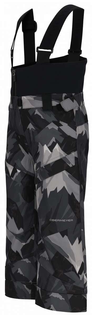 Obermeyer Youth Warp Insulated Bib Pants 2024 - Black bib pants with a geometric pattern of gray and white shapes.