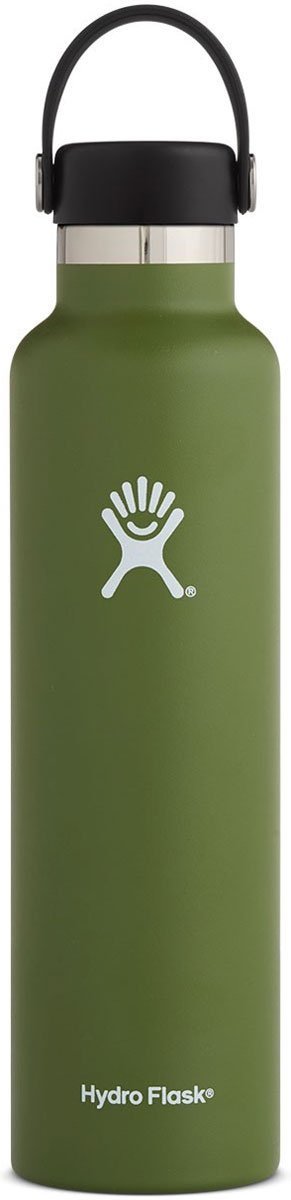 Hydro Flask - A green water bottle with a silver screw-on lid, featuring a standard mouth opening and a handle on top.