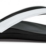 Olukai Ladies Ho'opio Sandals 2022 - A pair of black sandals with white straps and a woven pattern on the strap.