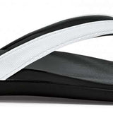 Olukai Ladies Ho'opio Sandals 2022 - A pair of black sandals with white straps and a woven pattern on the strap.