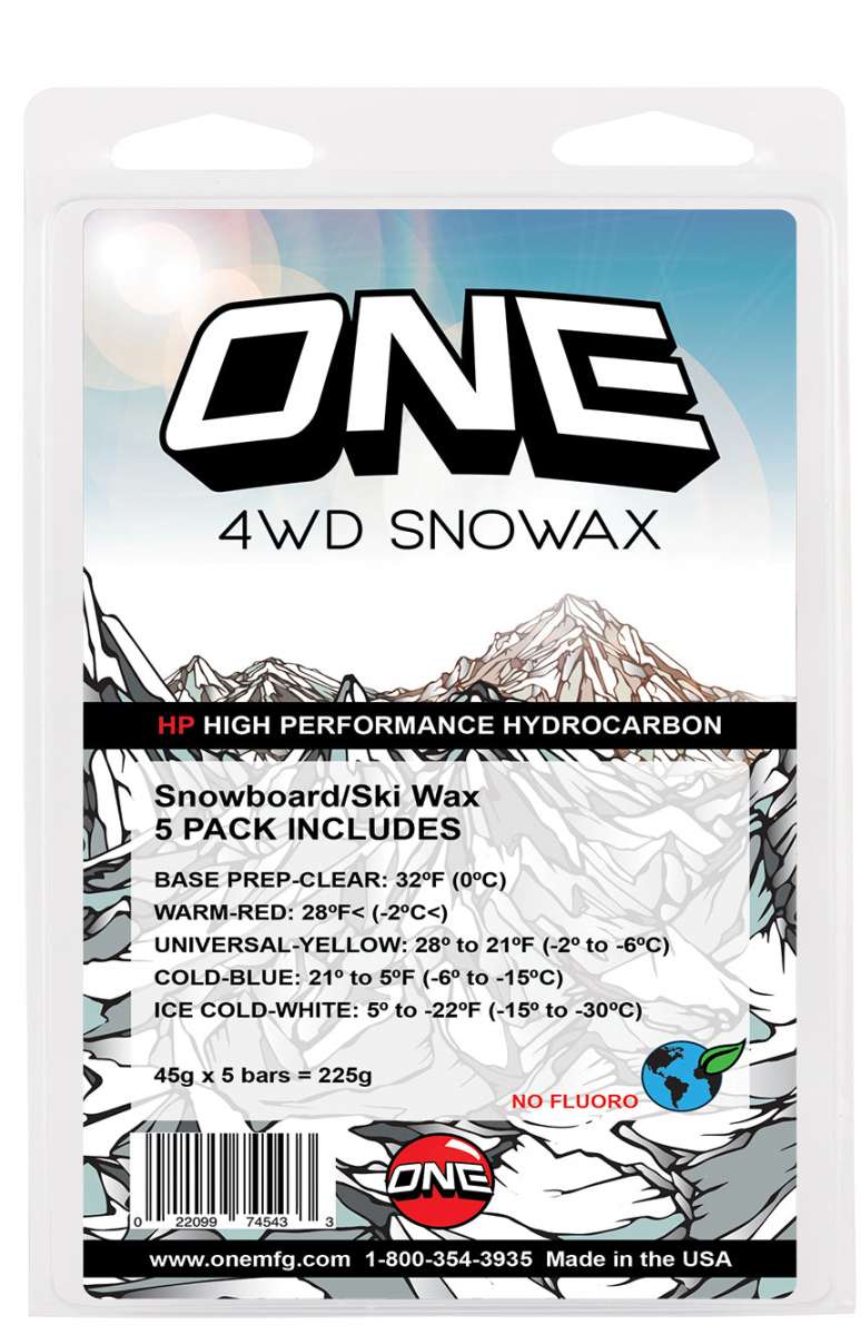 Oneball 4WD 5 Pack Wax 2022-2023 - A white plastic package with a red logo and black text, featuring a mountain range in the background.